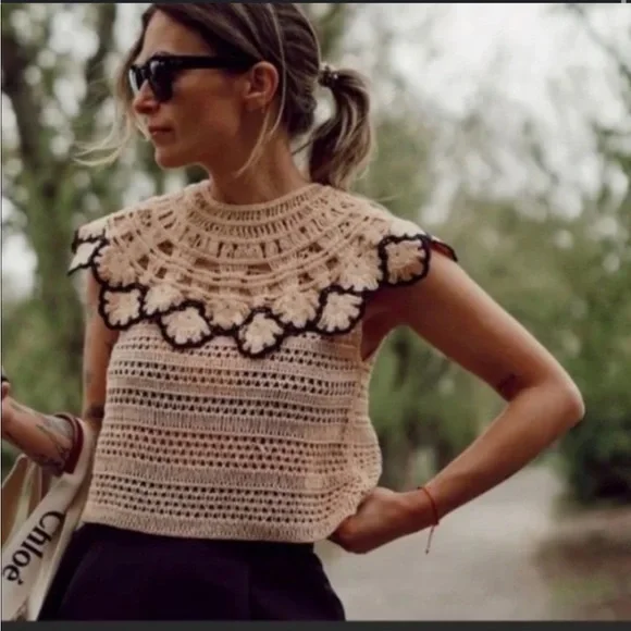 Zara Beige and Black Crochet Blouse - Picture 3 of 5